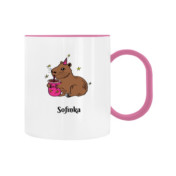 Dětský hrnek plastový  s potiskem Roztomilá capybara růžová s hrnečkem